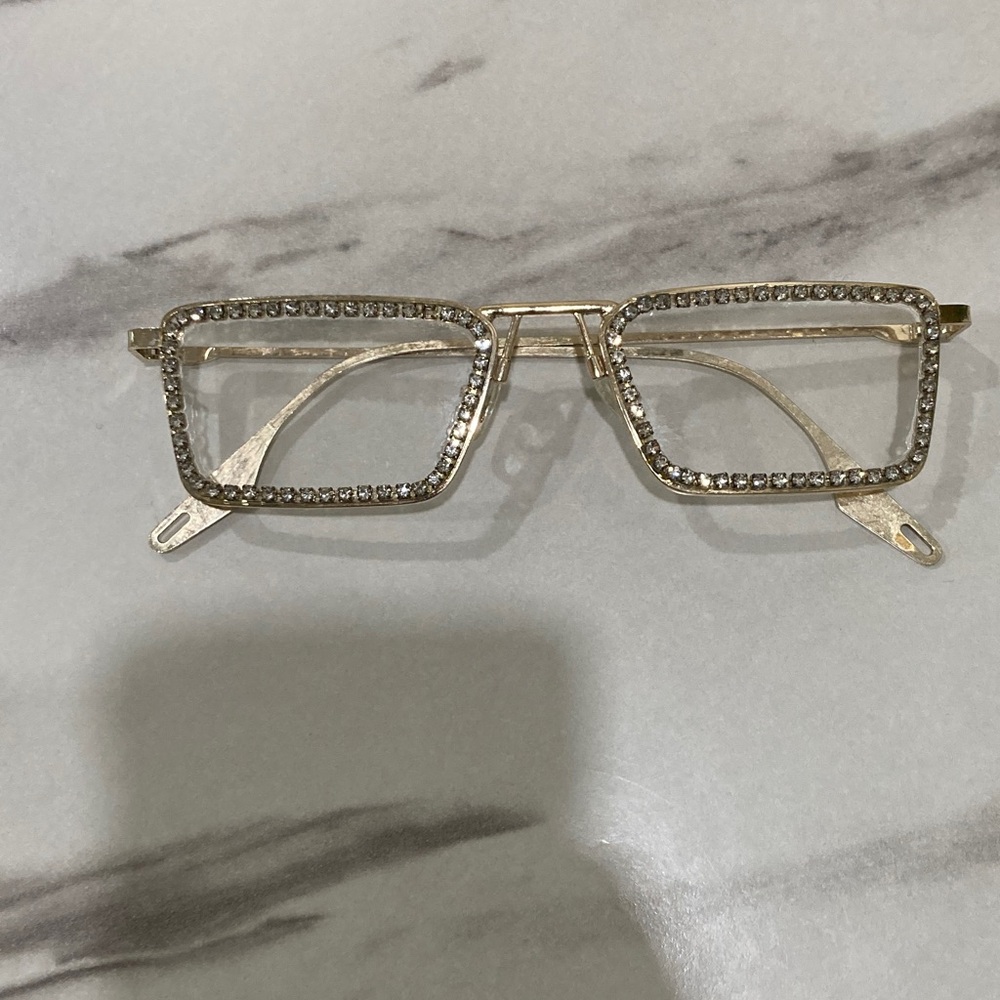 Gold Rhinestone Rectangle Frame Fashion Glasses - Picture 14 of 16